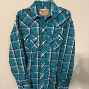 Wrangler Western Fashion Pearl Snap Shirt Men's Medium Blue Plaid Long Sleeve